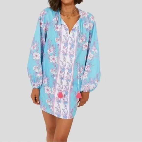 Celina Moon Multi Clover Long Blouson Sleeve Floral Tunic Mini Dress Sz XS - Picture 2 of 13